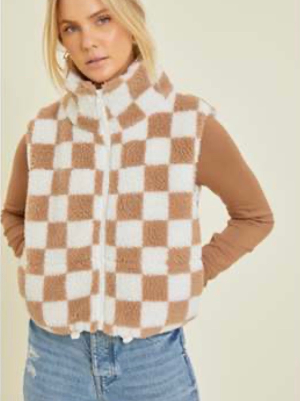 Wild Rose Checkerboard Sherpa Vest - Cream & Tan